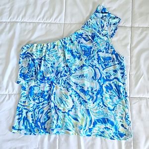 Lilly Pulitzer Matteo Top Bennett Blue Salty Seas Print One Shoulder Women's Top